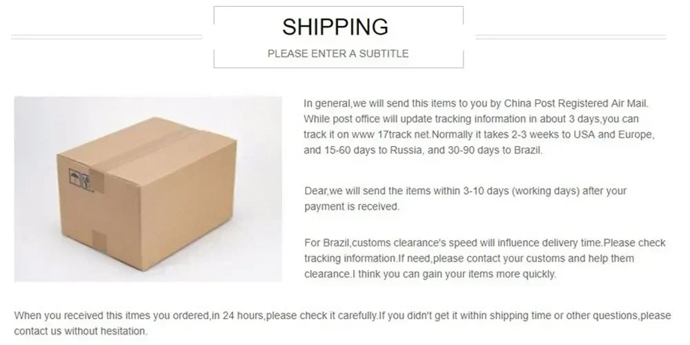 Shipping information for orders via China Post, detailing delivery times and customs clearance for Brazil.