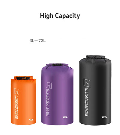 High capacity waterproof dry bags in orange, purple, and black, sizes range from 3L to 72L for versatile storage needs.