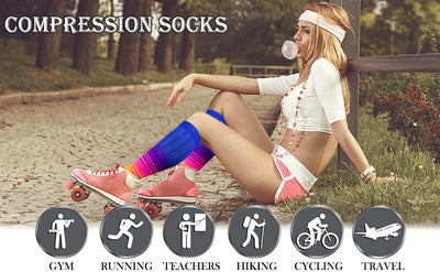 Stylish woman wearing compression socks, promoting activities like gym, running, hiking, cycling, and travel.