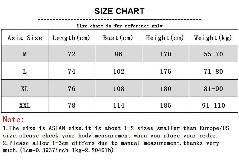 Size chart for men's summer cotton shirts, detailing measurements for M, L, XL, and XXL sizes.