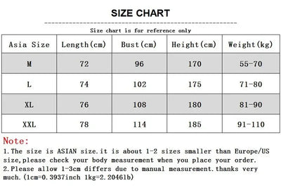 Size chart for men's summer cotton shirts, detailing measurements for M, L, XL, and XXL sizes.
