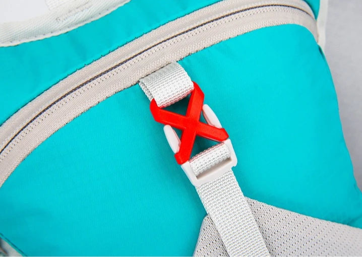 Ultralight waterproof hydration backpack strap with red adjustment buckle, perfect for outdoor running and cycling.