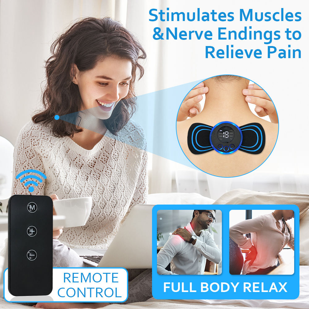 Electric EMS neck and muscle massager with remote control for pain relief and relaxation.