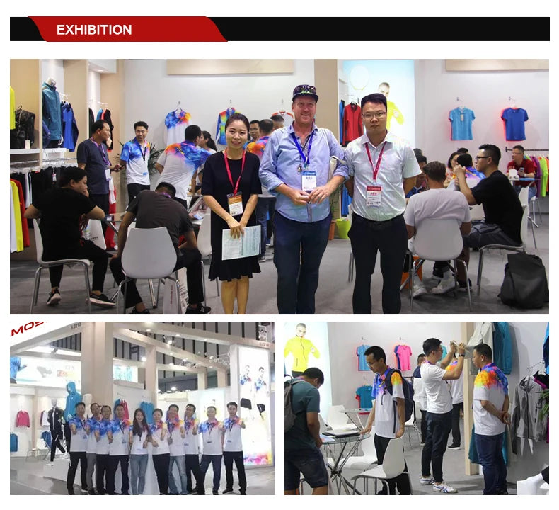 Exhibition showcasing unisex marathon running suits and sportswear with attendees engaging in discussions.