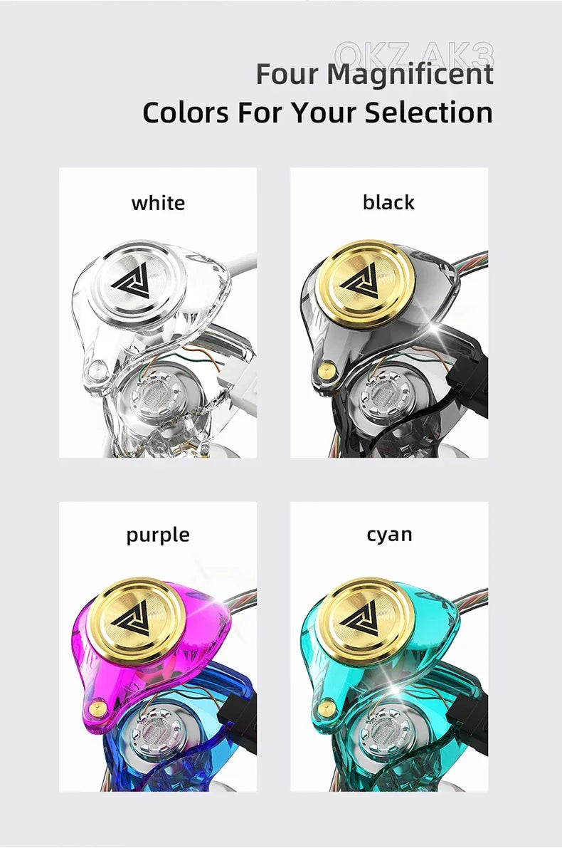 Four color options for QKZ AK3 FiLe Wired Earphones: white, black, purple, and cyan.