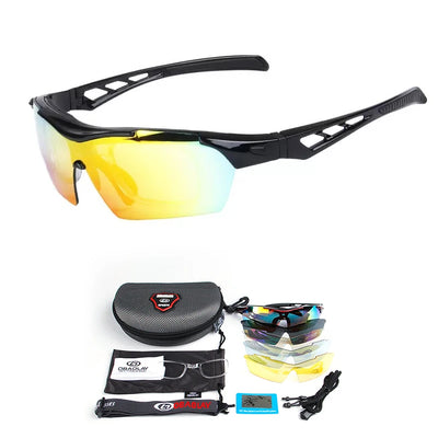 Men's polarized cycling sunglasses with interchangeable lenses and protective case, perfect for outdoor sports.