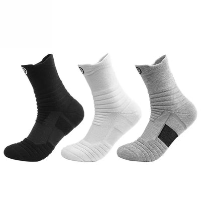 Elastic compression sports socks in black, white, and gray, breathable design for basketball and active use.