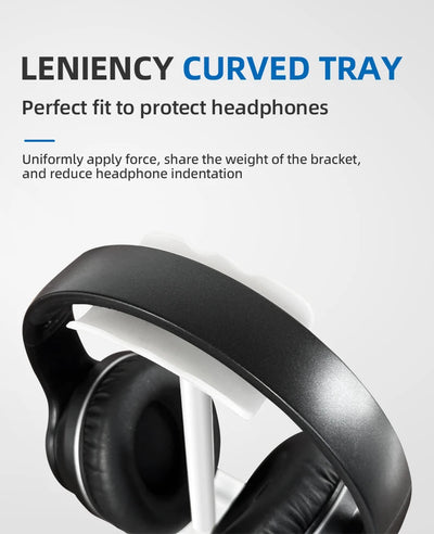 Leniency curved tray for headphone stand, designed to protect and reduce indentation on headphones.