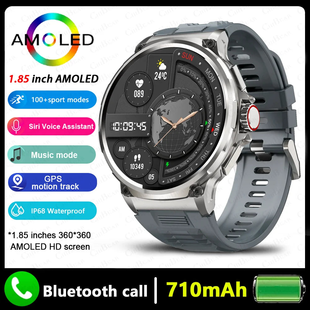GPS smart watch with 1.85 inch AMOLED display, Bluetooth call feature, GPS motion tracking, and IP68 waterproof.