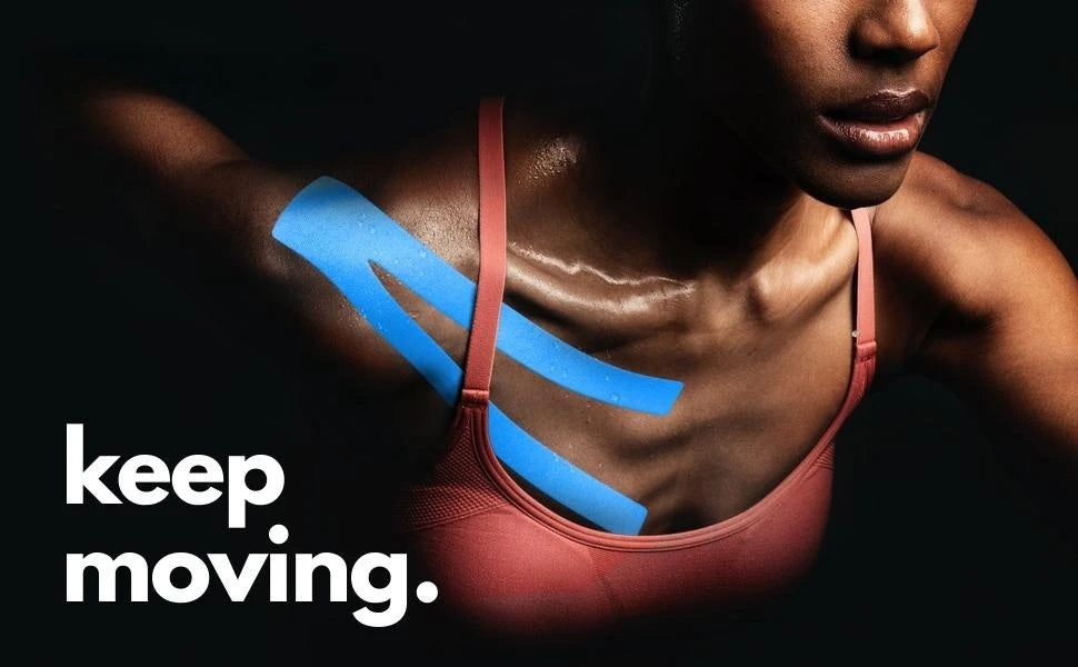Athlete using kinesiology tape for muscle support promoting fitness and recovery with the slogan 'keep moving.'