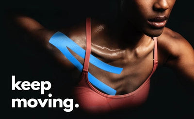 Athlete using kinesiology tape for muscle support promoting fitness and recovery with the slogan 'keep moving.'