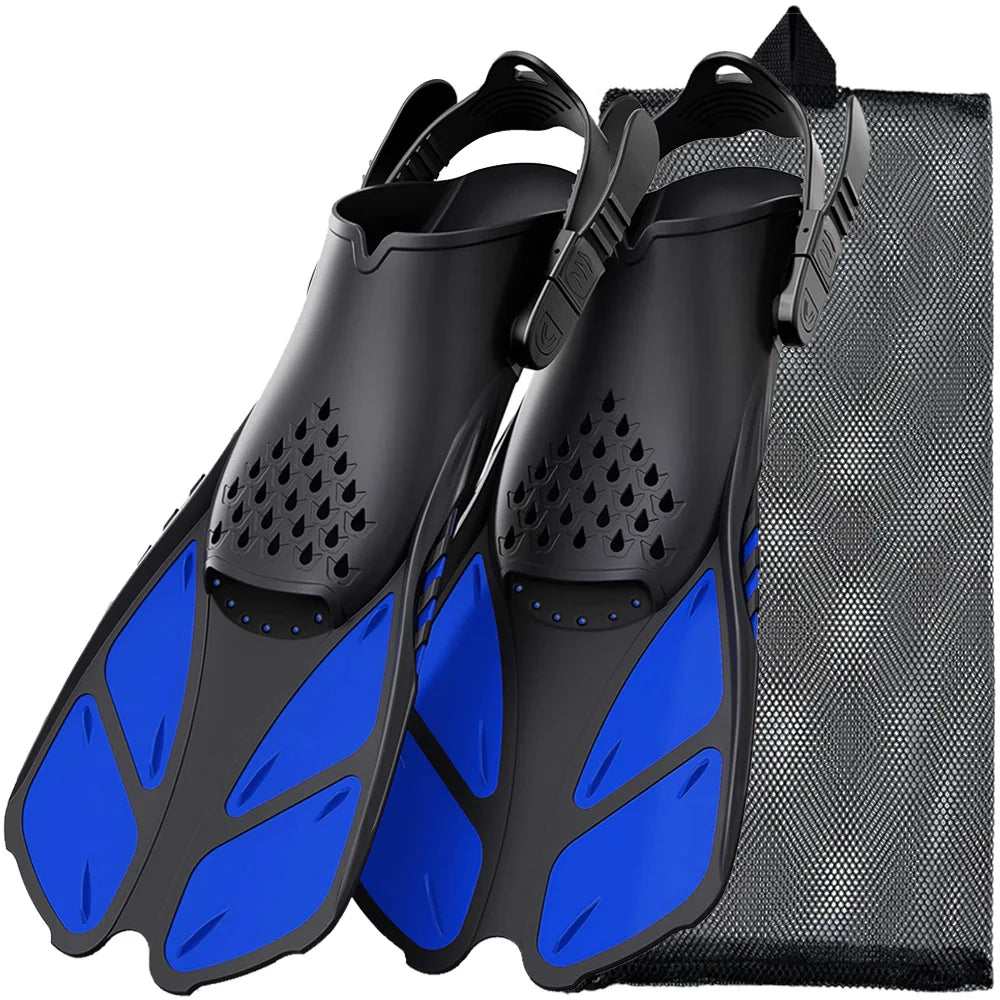 Snorkel fins with adjustable buckles, made of silicone, perfect for scuba diving, swimming, and travel for adults.