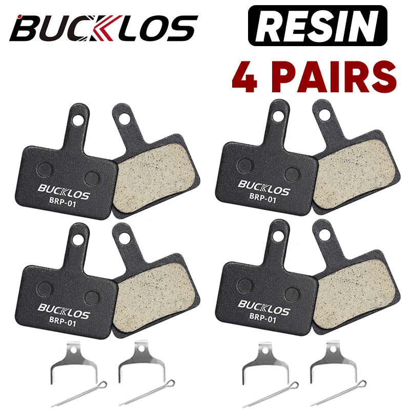 BUCKLOS BRP-01 resin disc brake pads compatible with Shimano, set of 4 pairs for optimal braking performance.