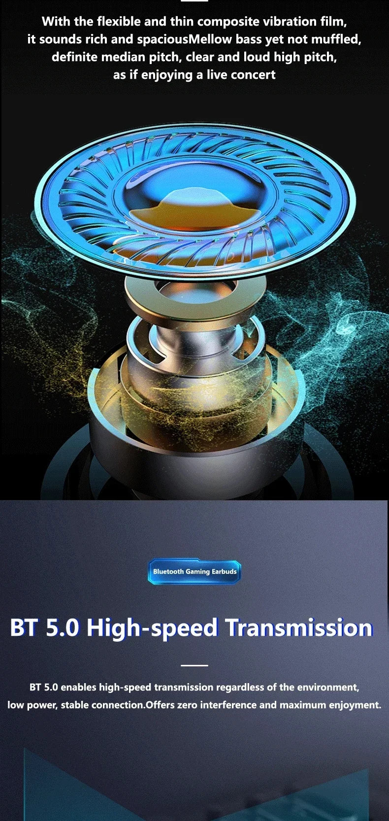 Bluetooth 5.0 technology for high-speed audio transmission and rich sound quality with a dynamic speaker design.