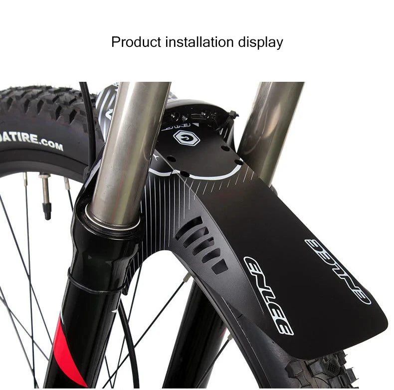 Installation display of reflective MTB bike mudguard fender mounted on front fork for mountain bikes.