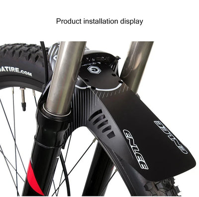Installation display of reflective MTB bike mudguard fender mounted on front fork for mountain bikes.