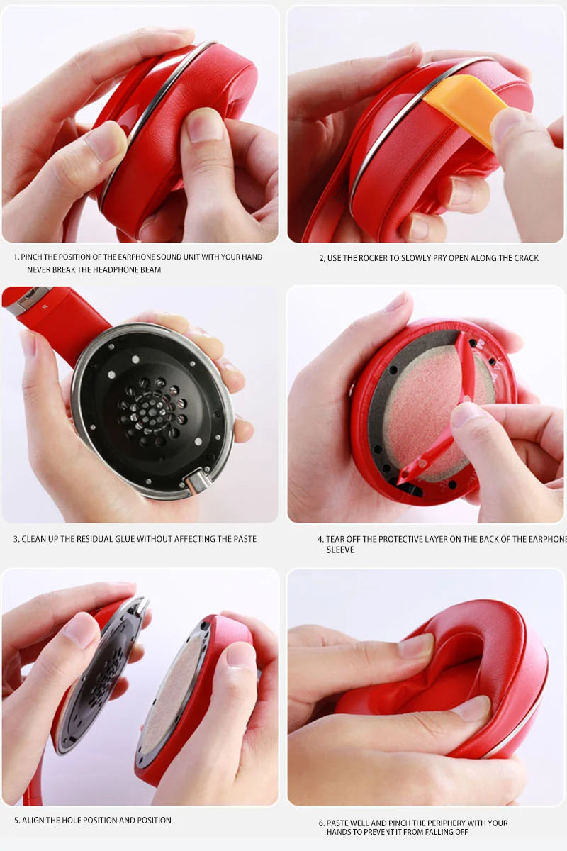 Step-by-step guide for replacing KUTOU earpads on Beats headphones with detailed visuals.