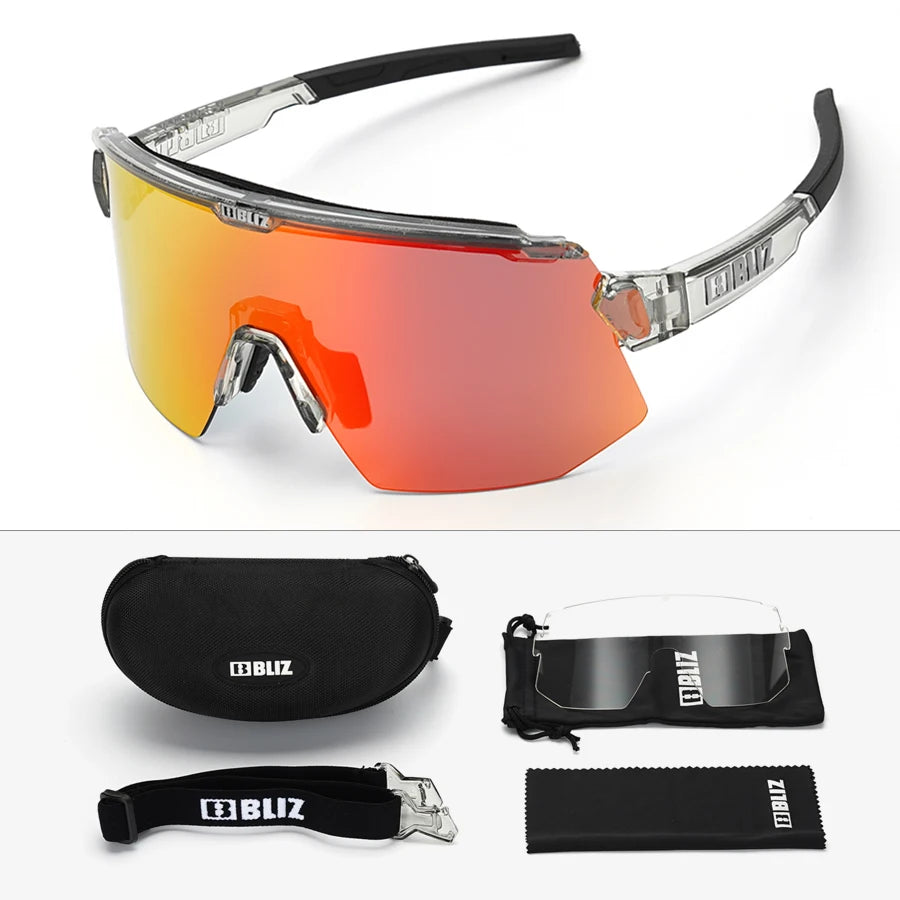 BLIZ Breeze polarized cycling glasses with red lenses and accessories for UV protection during cycling.