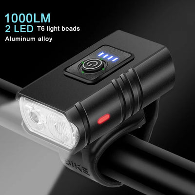 BK02 USB rechargeable bike headlight with 1000LM brightness, T6 LED, aluminum alloy, waterproof design for cycling.