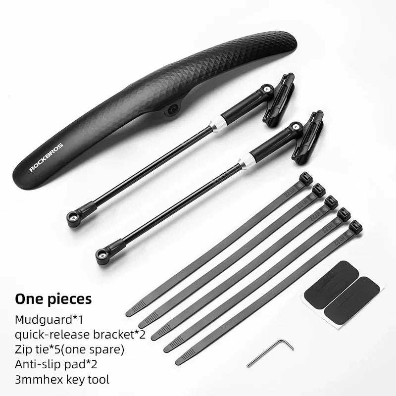 Bicycle mudguard set including soft PP plastic fender, quick-release brackets, zip ties, anti-slip pads, and a key tool.
