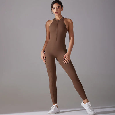 Women in a brown bodysuit showcasing tummy control and butt lifting features for gym workouts and yoga.