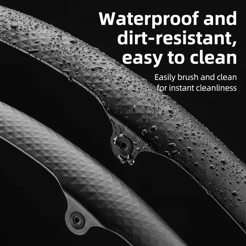 Close-up of a bicycle fender showcasing its waterproof and dirt-resistant features for easy cleaning.