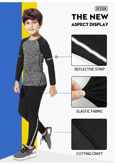 Kids wearing thermal sports set with reflective strip and elastic fabric, perfect for winter running activities.