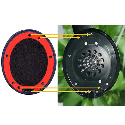 Close-up image comparing KUTOU earpads with headphone speaker component, showing installation details and fit for Studio 3 headphones.