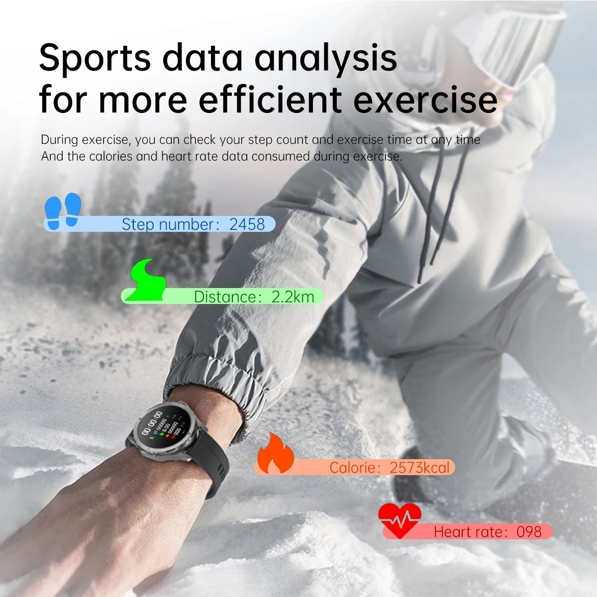 Xiaomi S4 Ultra Smartwatch displaying sports data analysis for efficient exercise, including step count, distance, calories burned, and heart rate.