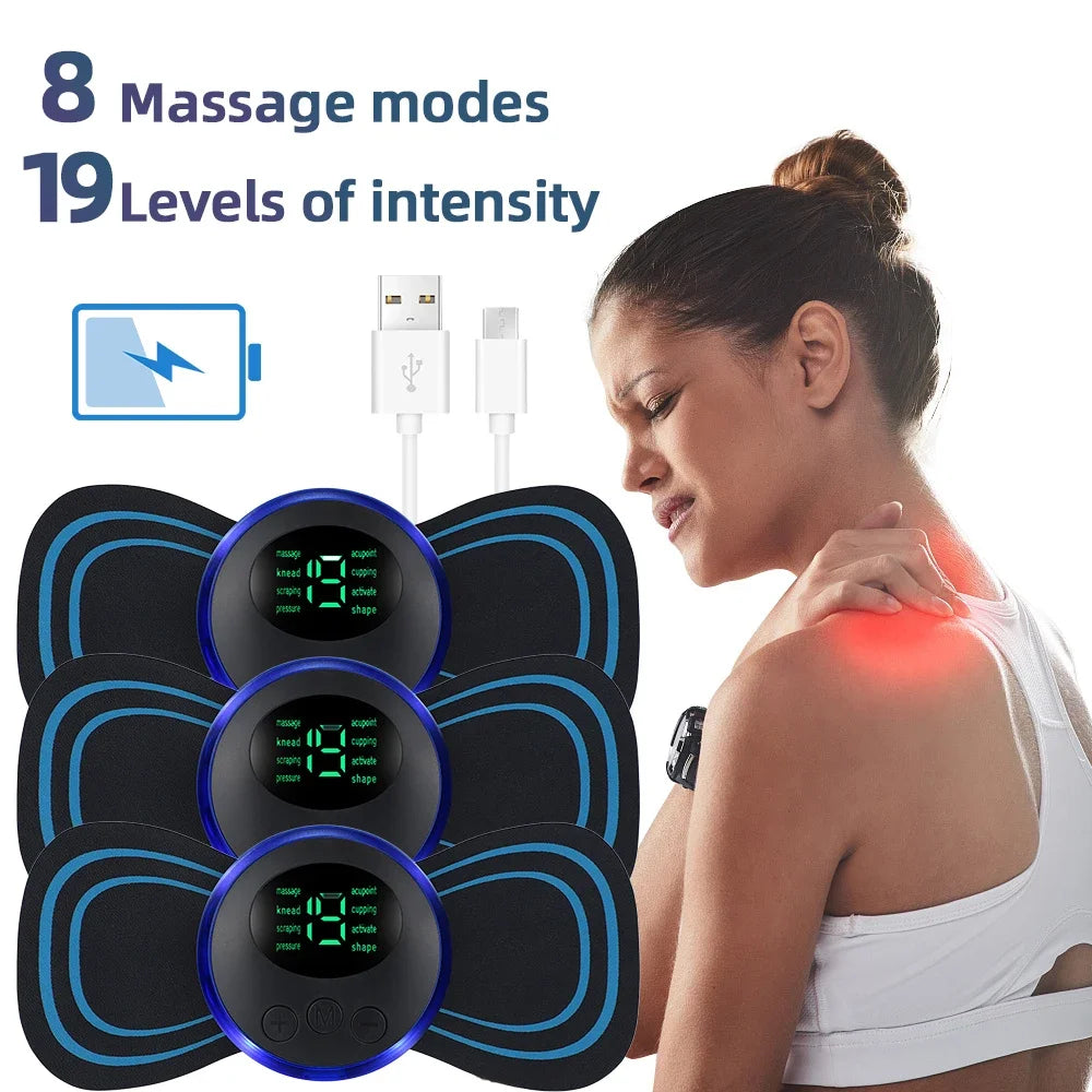 Electric EMS neck and muscle massager displaying 8 modes, 19 intensity levels, and user applying it on shoulder.