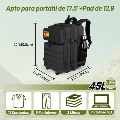 Tactical 45L gym bag and backpack suitable for 17.3" laptop and 12.9" tablet, ideal for hiking and camping.