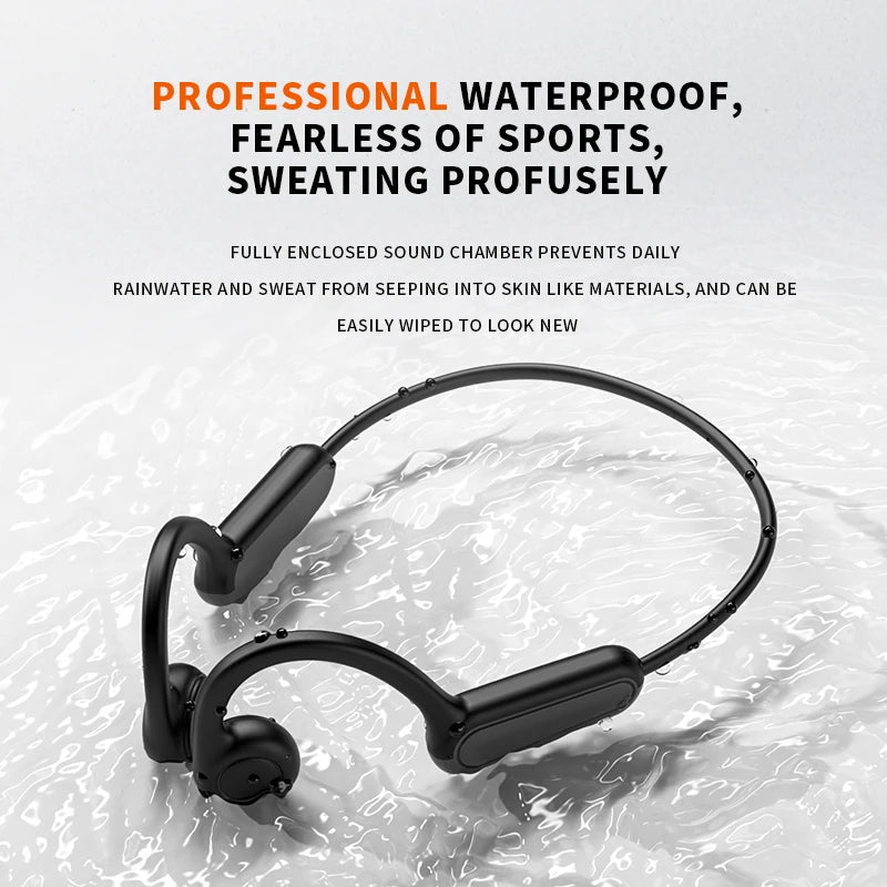 Waterproof bone conduction earphones designed for sports, featuring a fully enclosed sound chamber to resist sweat.