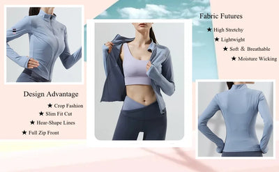 Women's lightweight sports jacket features crop fashion, slim fit cut, and moisture-wicking fabric for active workouts.