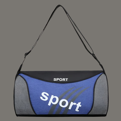 Blue men's gym bag with sport graphics, perfect for training and travel, featuring a durable nylon design.