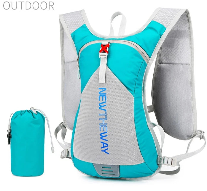 Ultralight waterproof hydration backpack for outdoor running and cycling in turquoise with a foldable pouch.