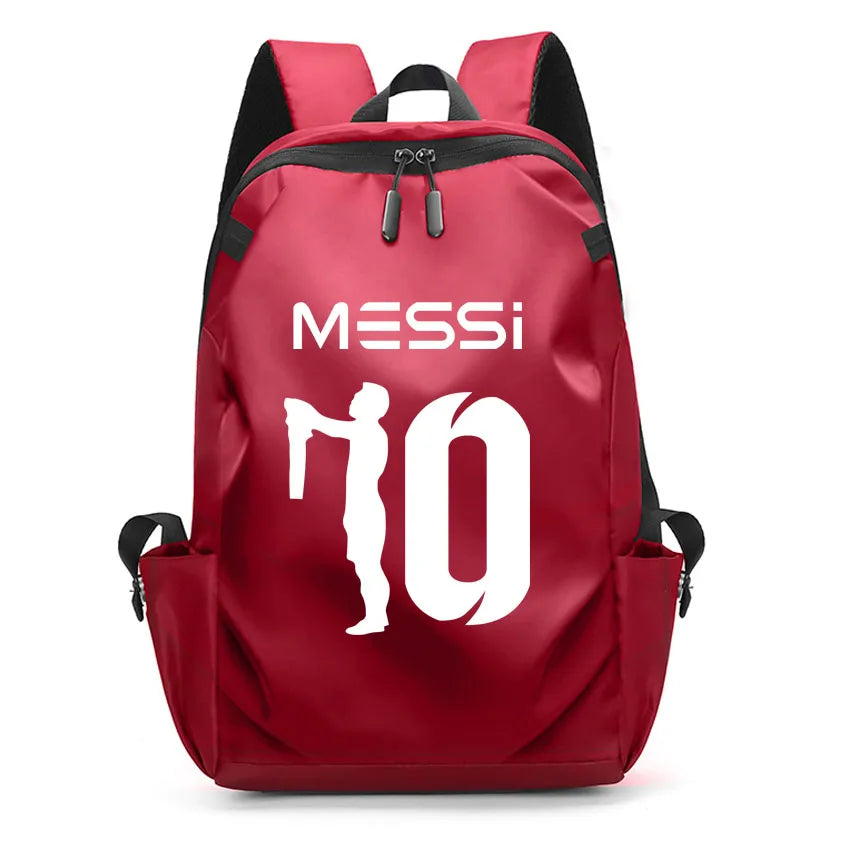 Red unisex backpack featuring Messi graphic, ideal for students and teens, with USB port and soft straps.