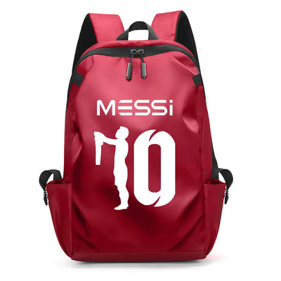 Red unisex backpack featuring Messi graphic, ideal for students and teens, with USB port and soft straps.