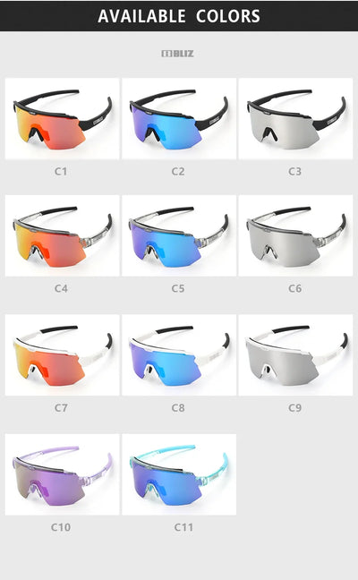Available colors of BLIZ Breeze polarized cycling glasses in various styles and lenses.