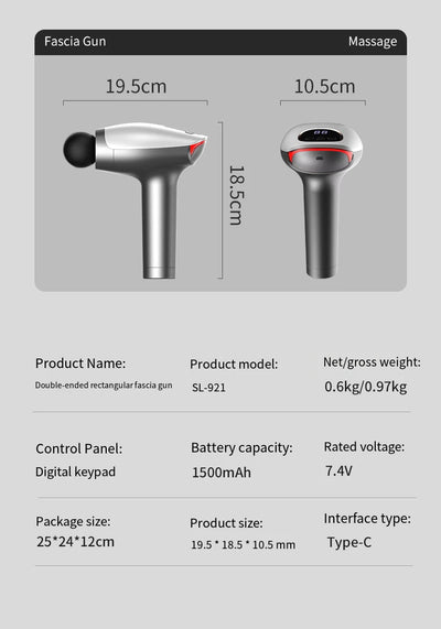 Double-headed fascia massage gun with dual heads, specifications, and dimensions for deep tissue muscle relief.