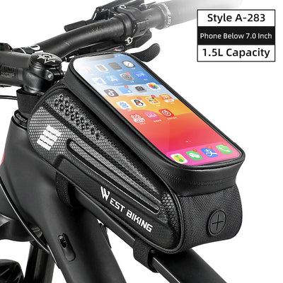 WEST BIKING 7" waterproof bike phone bag with touch screen, 1.5L capacity, ideal for phones under 7 inches.