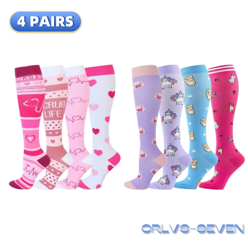 4 pairs of colorful compression socks designed for medical use, outdoor running, and comfort for men and women.