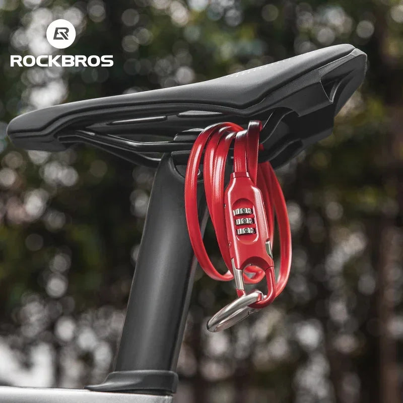 ROCKBROS high-security bike lock in red, securely attached to a bicycle saddle, ideal for anti-theft protection.