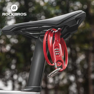ROCKBROS high-security bike lock in red, securely attached to a bicycle saddle, ideal for anti-theft protection.