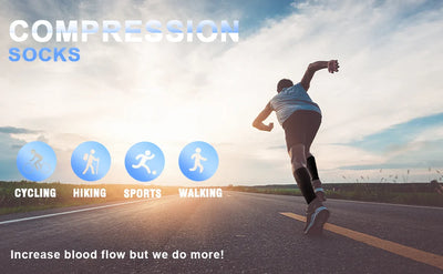 Man running on road showcasing compression socks for cycling, hiking, sports, and walking to improve blood flow.