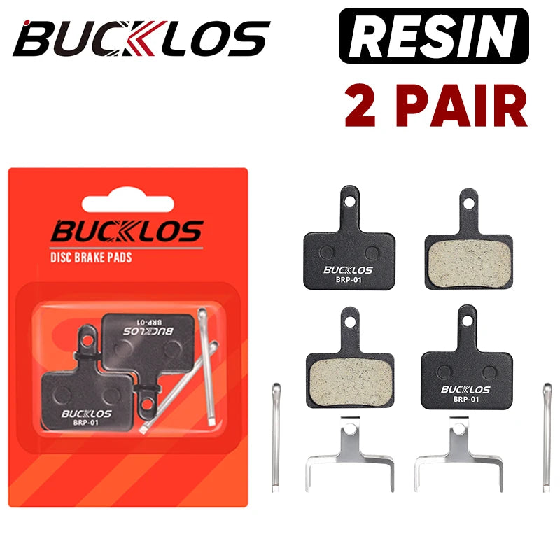 BUCKLOS Resin Disc Brake Pads BRP-01 in packaging, includes two pairs for hydraulic systems.