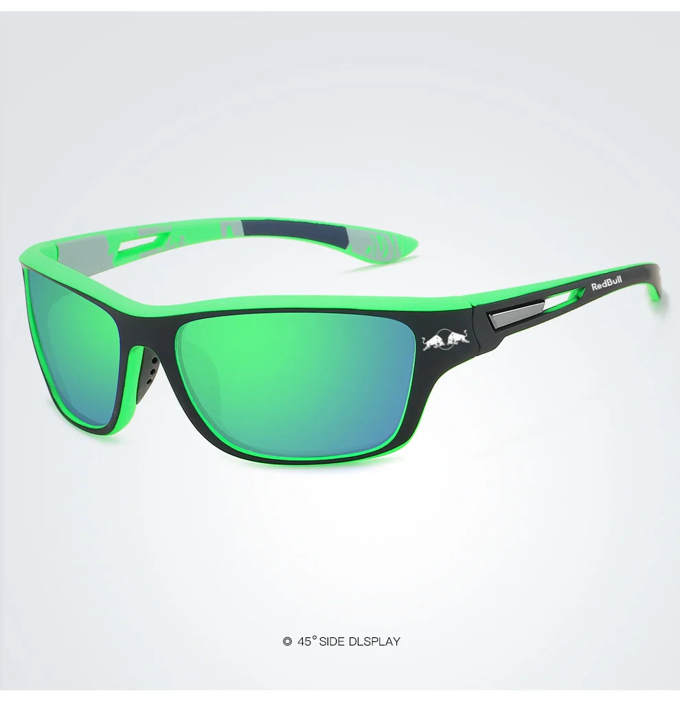 Red Bull polarized sunglasses in black and green, ideal for outdoor activities like fishing, driving, and hiking.