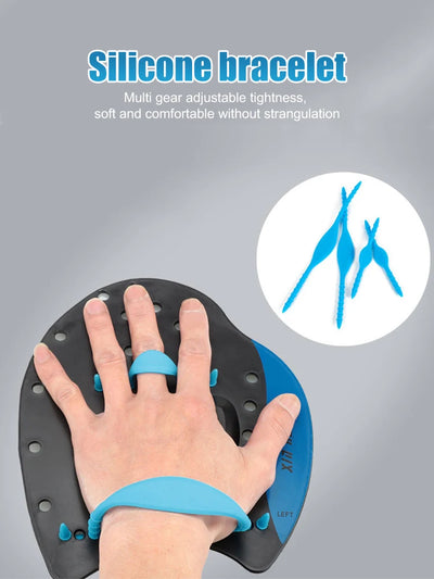 Silicone swim paddles hand gloves for professional swimming with adjustable tightness and comfort.