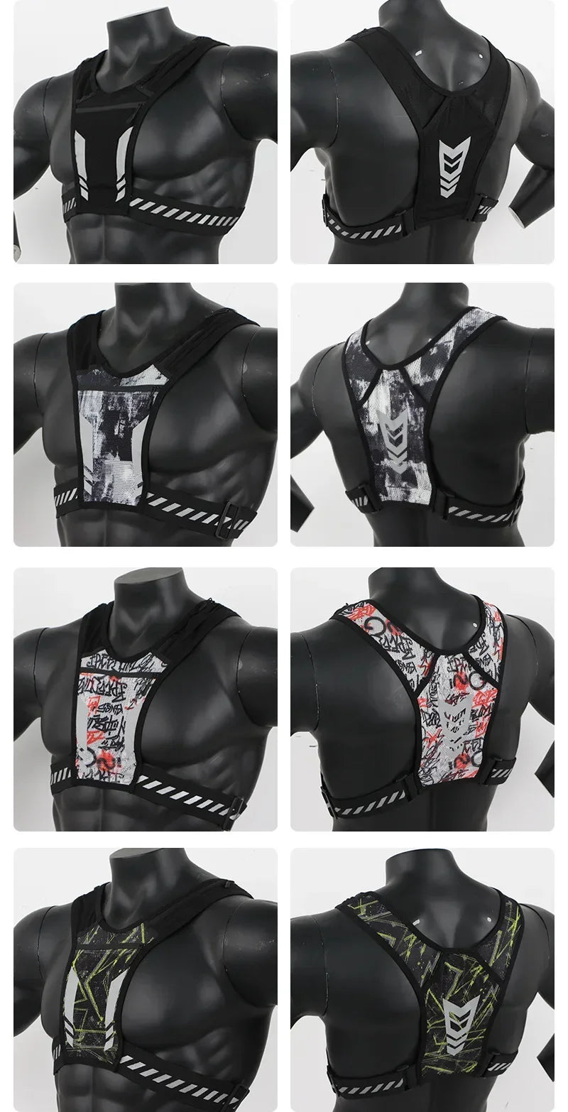 Various designs of reflective sports running vests displayed on mannequin torso, showcasing functionality and style.
