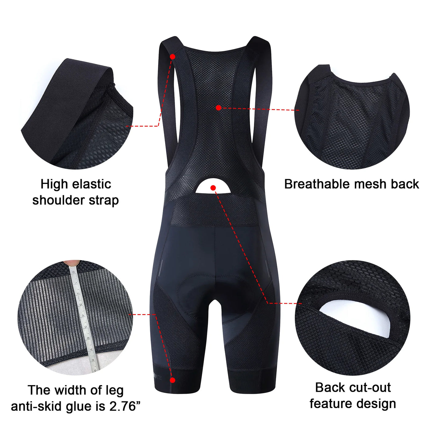 Men's cycling bib shorts showing high elastic shoulder straps, breathable mesh back, and anti-skid glue details.