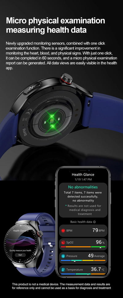 Health smartwatch with sensors for real-time health monitoring and Bluetooth connectivity, displayed alongside the app interface.